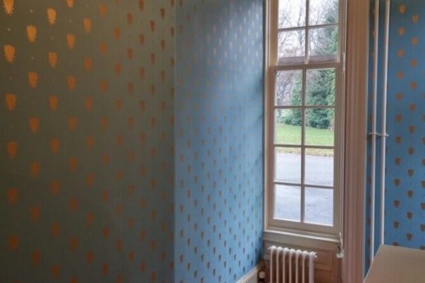 New wallpaper, bright blue with gold patterned detailing. Next to window looking out towards an open fie;d